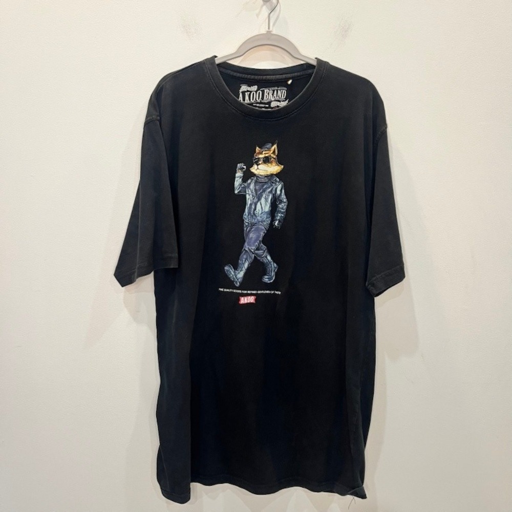 AKOO Brand Mens Black Fox Graphic T-Shirt Streetwear 100% Cotton Size 4XL